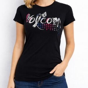 Volcom Y2K Black Graphic T-Shirt Size Medium Surf Skater Streetwear Baby Tee